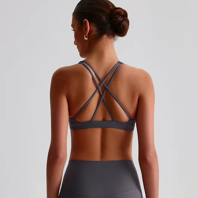 Einfarbiges Sport-Top für Damen – Yoga-BH mit Kreuzrücken, Gepolstert, Hohe Schlagfestigkeit, Fitness-Top & Strumpfhose