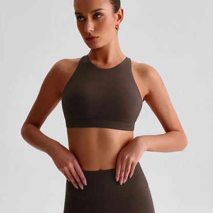 Einfarbiges Sport-Top für Damen – Yoga-BH mit Kreuzrücken, Gepolstert, Hohe Schlagfestigkeit, Fitness-Top & Strumpfhose